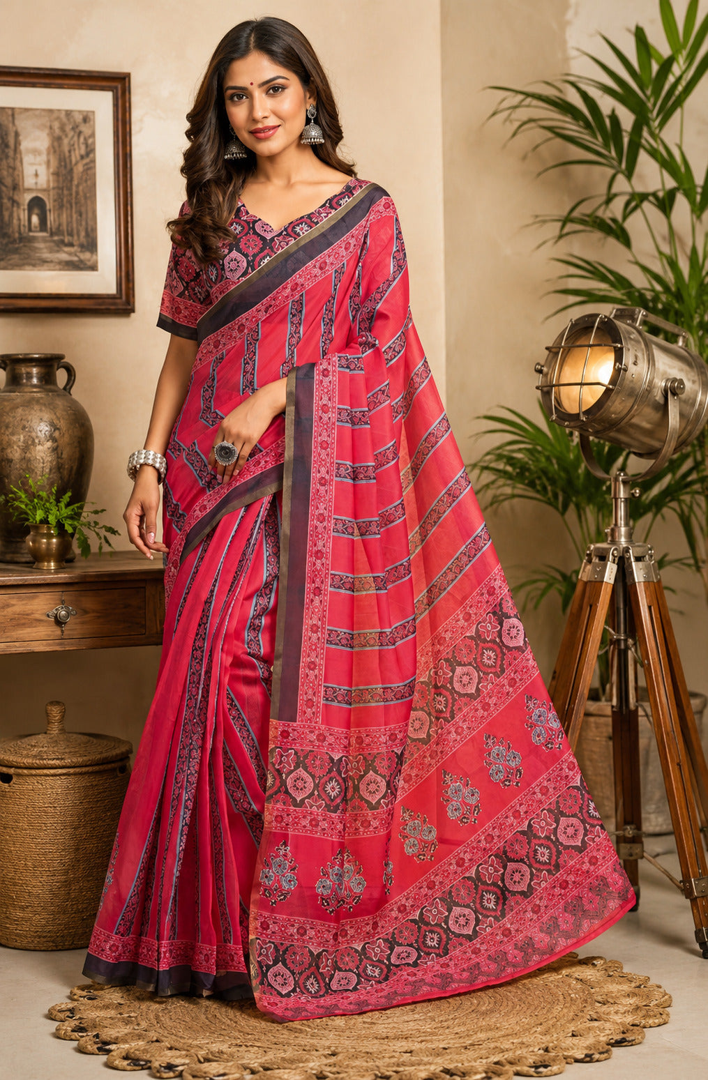Dwija Fashion Pink Party Wear Printed Linen Ready To Wear Saree With Unstitched Blouse