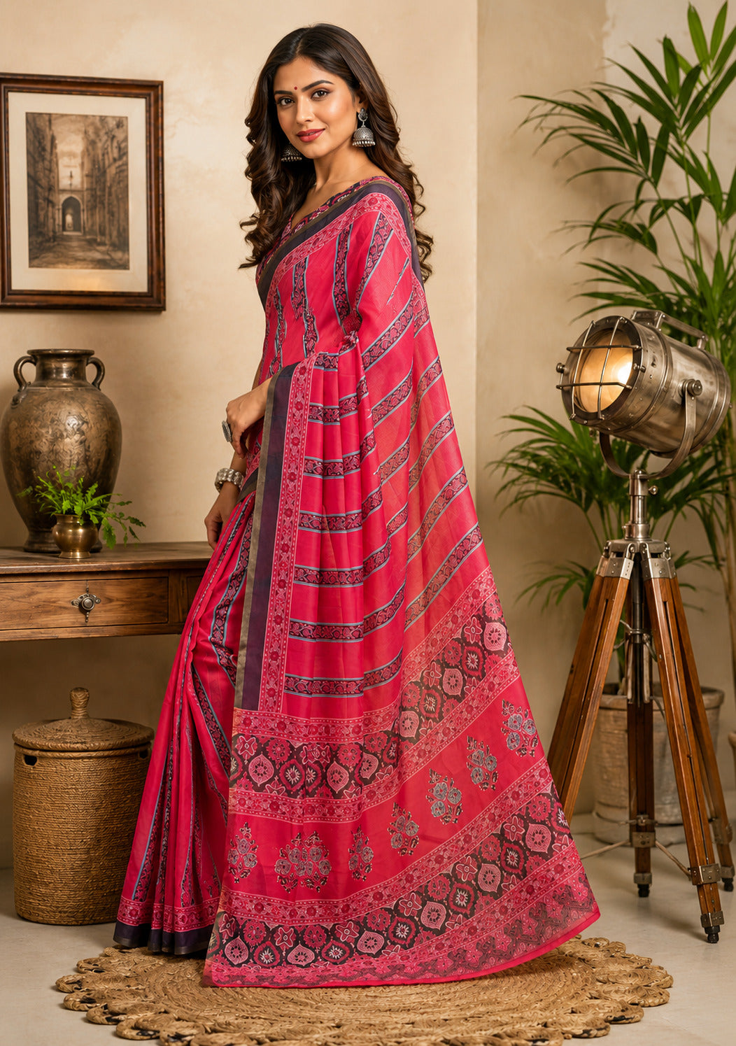 Dwija Fashion Pink Party Wear Printed Linen Ready To Wear Saree With Unstitched Blouse