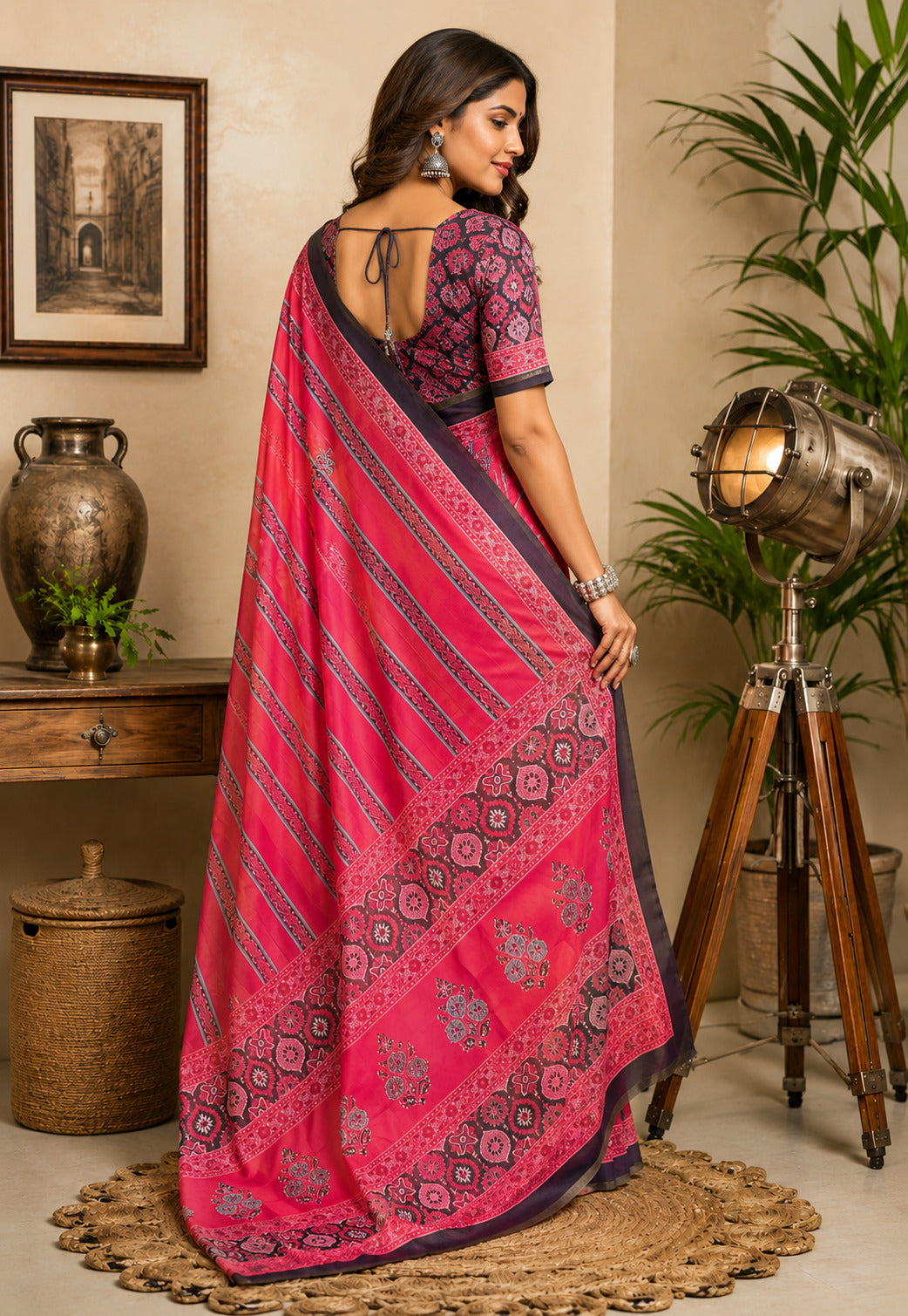 Dwija Fashion Pink Party Wear Printed Linen Ready To Wear Saree With Unstitched Blouse