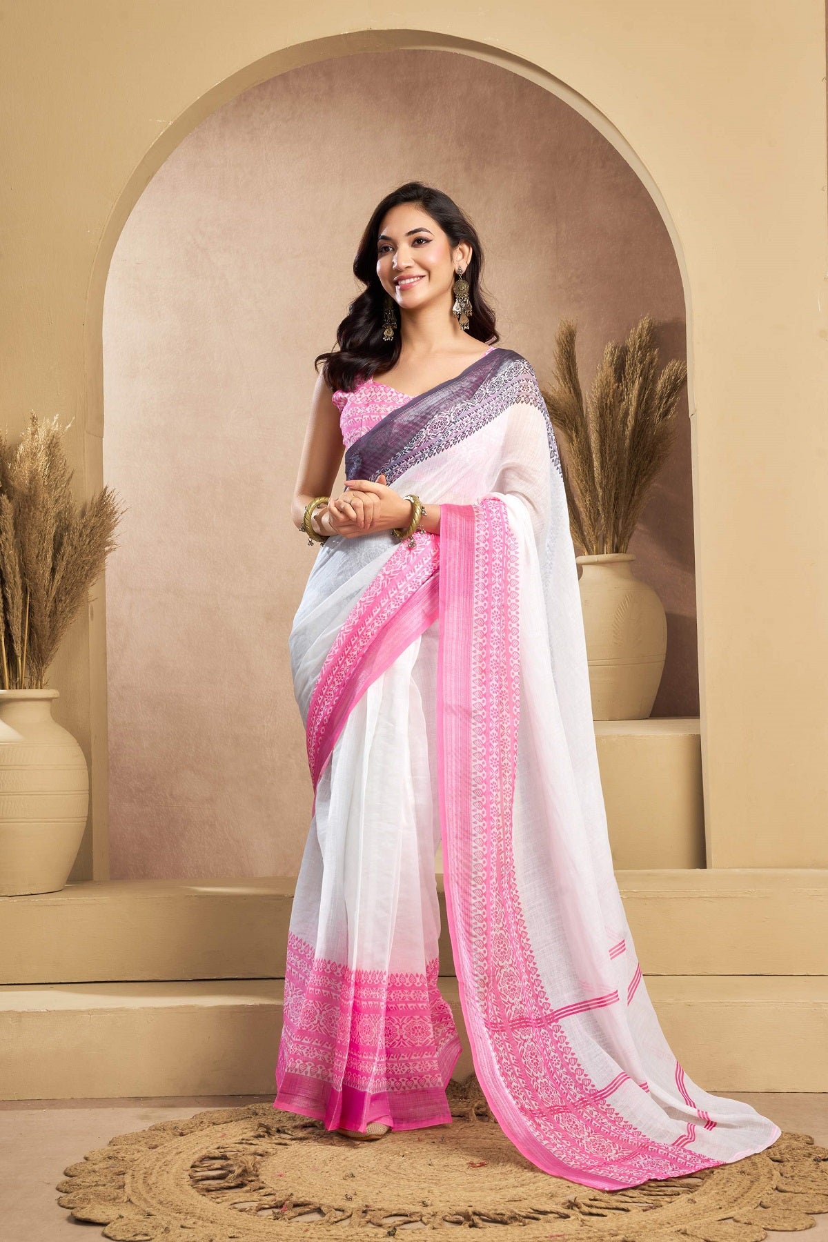 Dwija Fashion White Party Wear Printed Linen Ready To Wear Saree With Unstitched Blouse