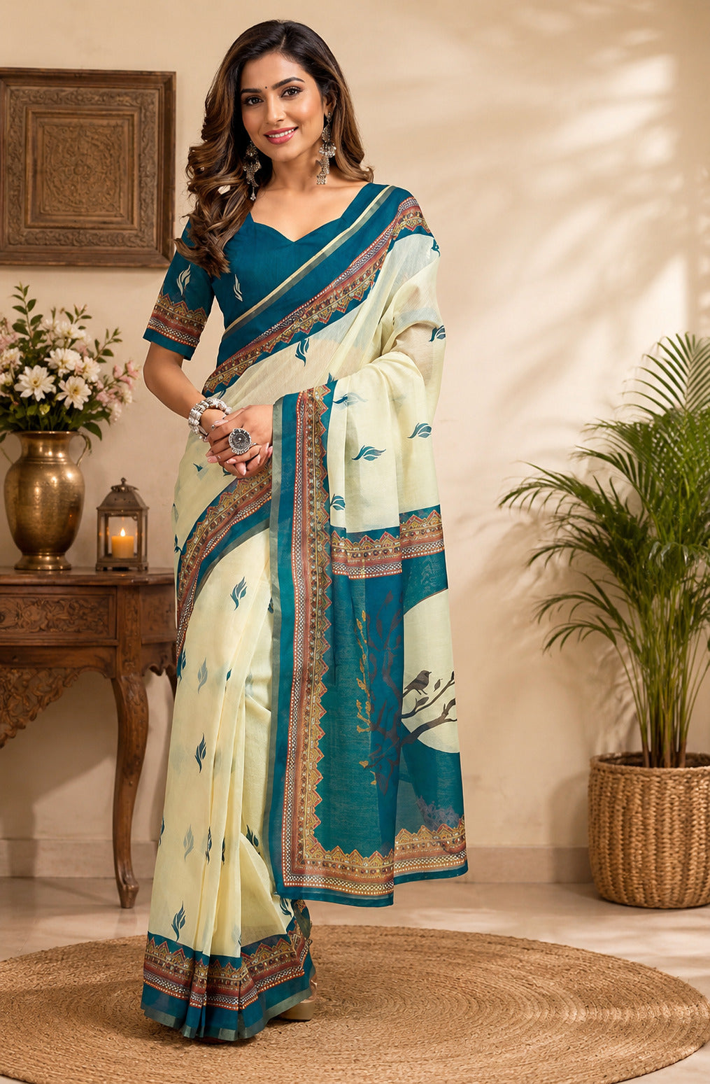 Dwija Fashion Off - White Party Wear Printed Linen Ready To Wear Saree With Unstitched Blouse
