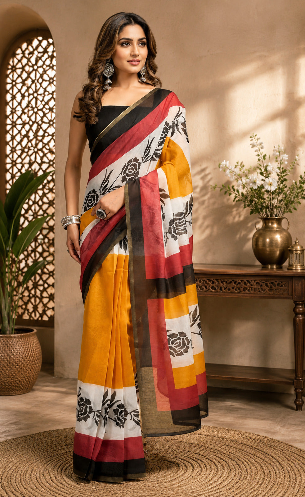 Dwija Fashion Multicolor Party Wear Printed Linen Ready To Wear Saree With Unstitched Blouse