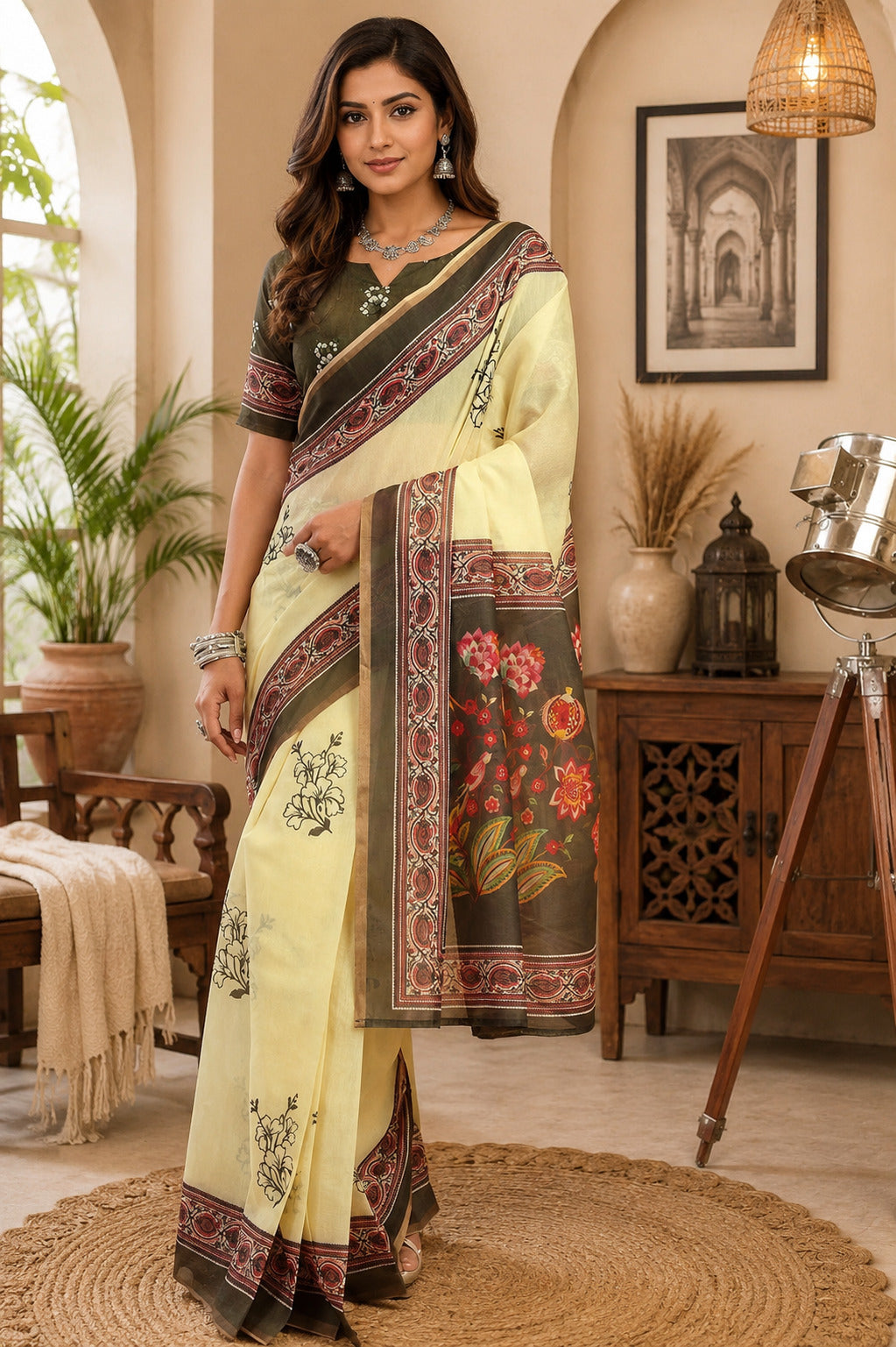 Dwija Fashion Lemon Yellow Party Wear Printed Linen Ready To Wear Saree With Unstitched Blouse - Dista