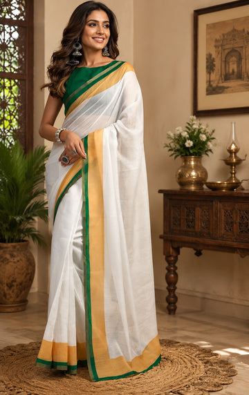Dwija Fashion White Party Wear Printed Linen Ready To Wear Saree With Unstitched Blouse - Dista