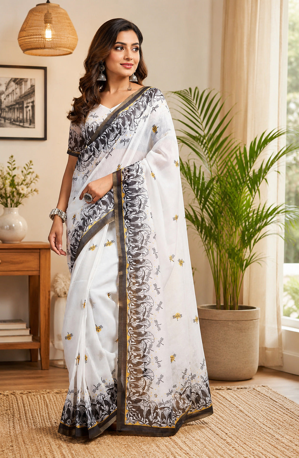 Dwija Fashion White Party Wear Printed Linen Ready To Wear Saree With Unstitched Blouse