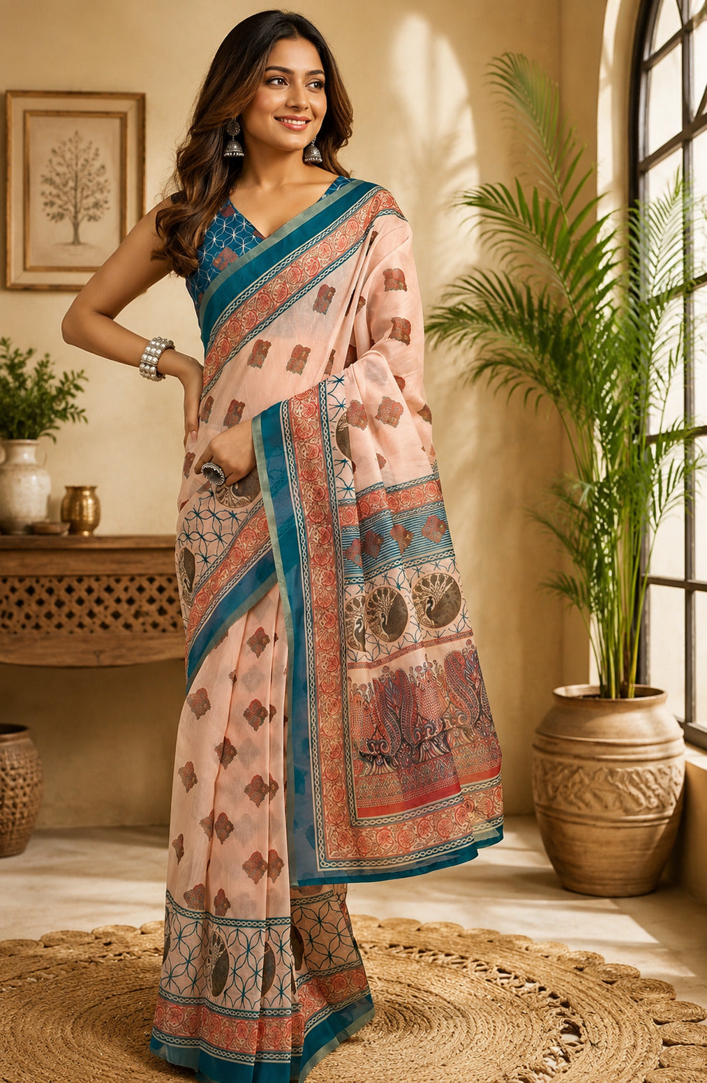 Dwija Fashion Peach Party Wear Printed Linen Ready To Wear Saree With Unstitched Blouse