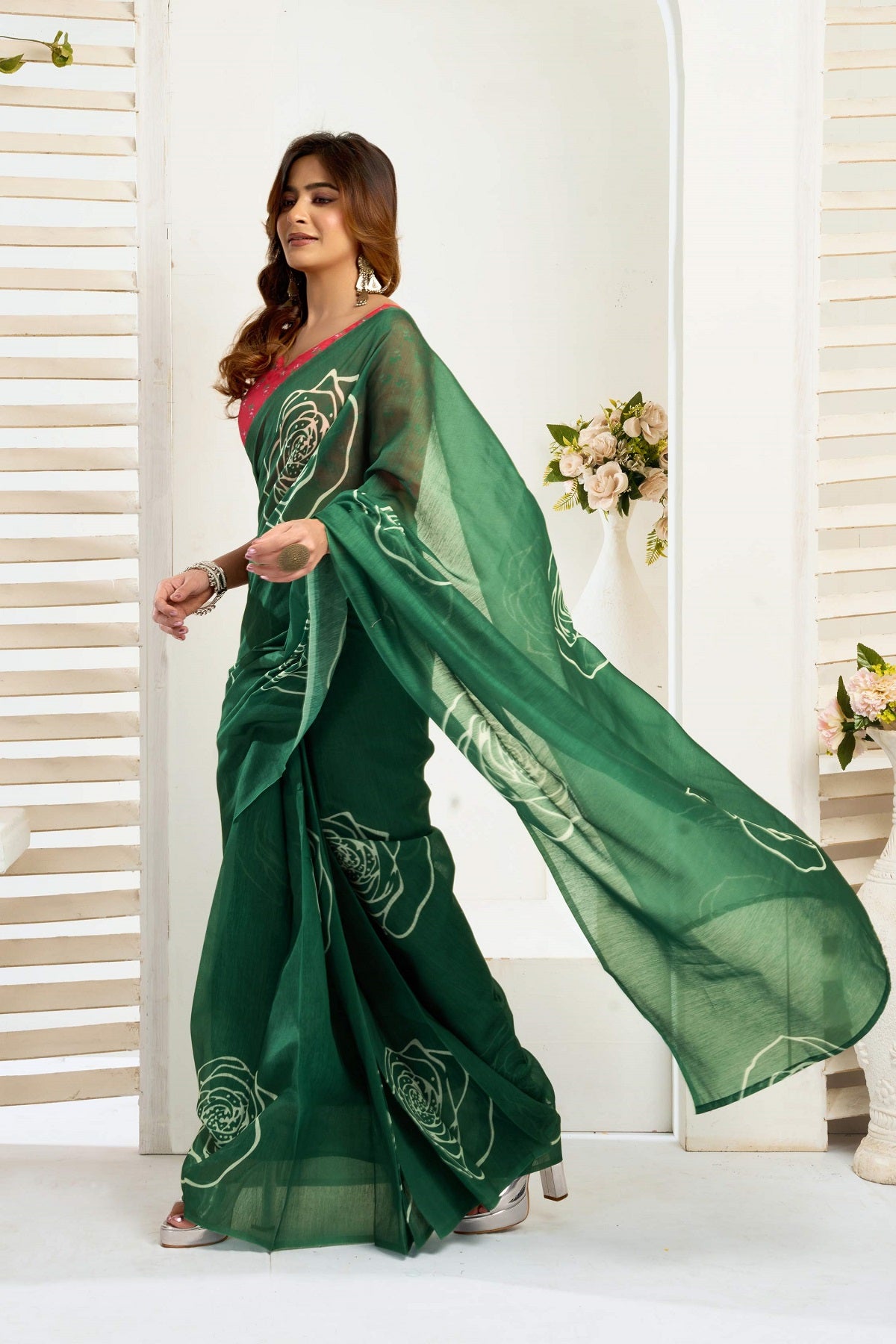Dwija Fashion Green Party Wear Printed Linen Ready To Wear Saree With Unstitched Blouse