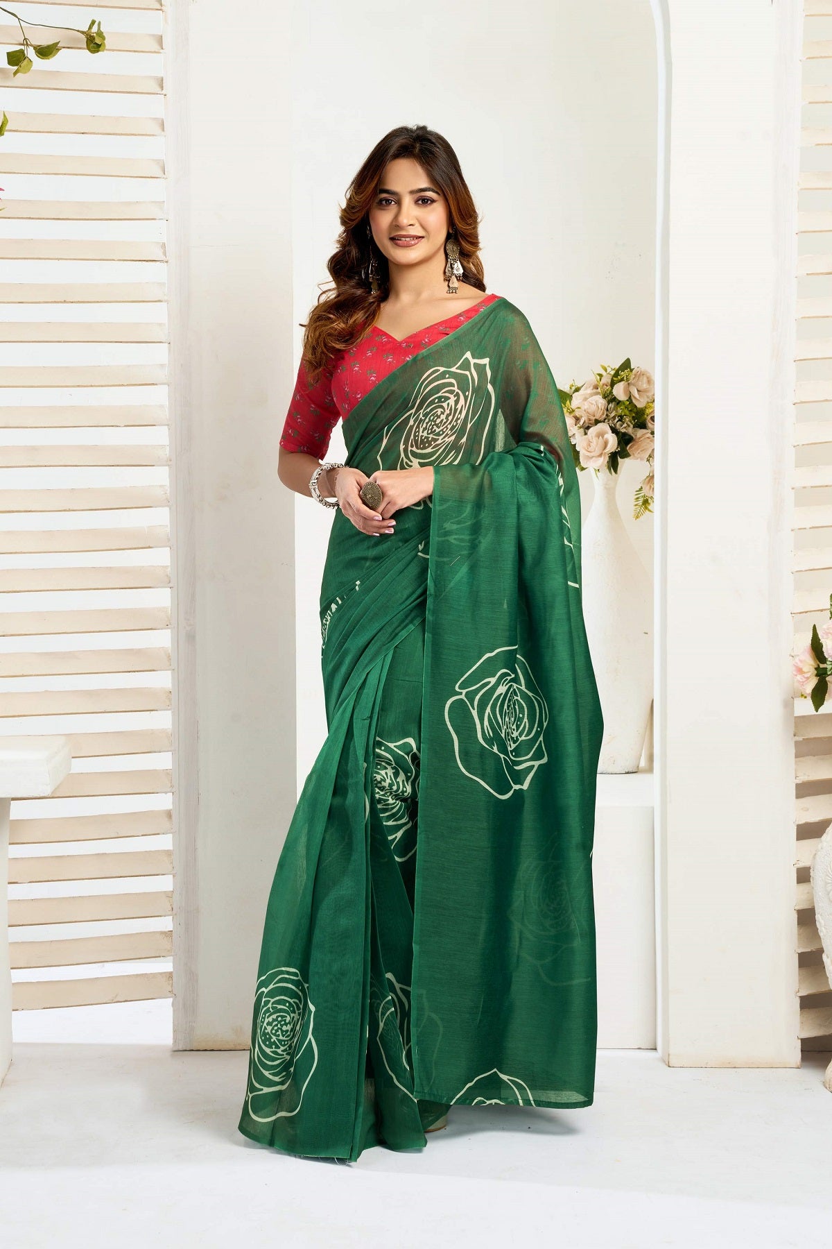 Dwija Fashion Green Party Wear Printed Linen Ready To Wear Saree With Unstitched Blouse