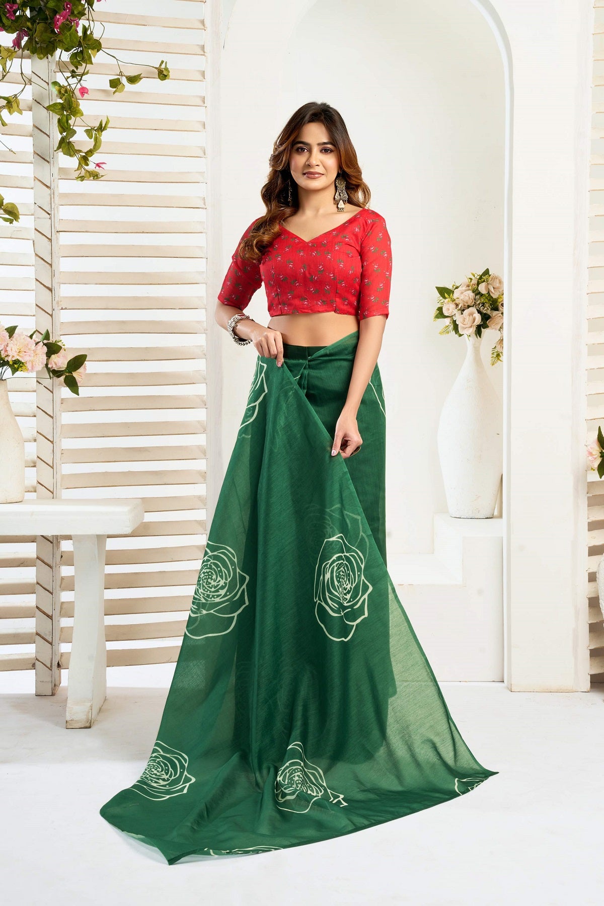 Dwija Fashion Green Party Wear Printed Linen Ready To Wear Saree With Unstitched Blouse