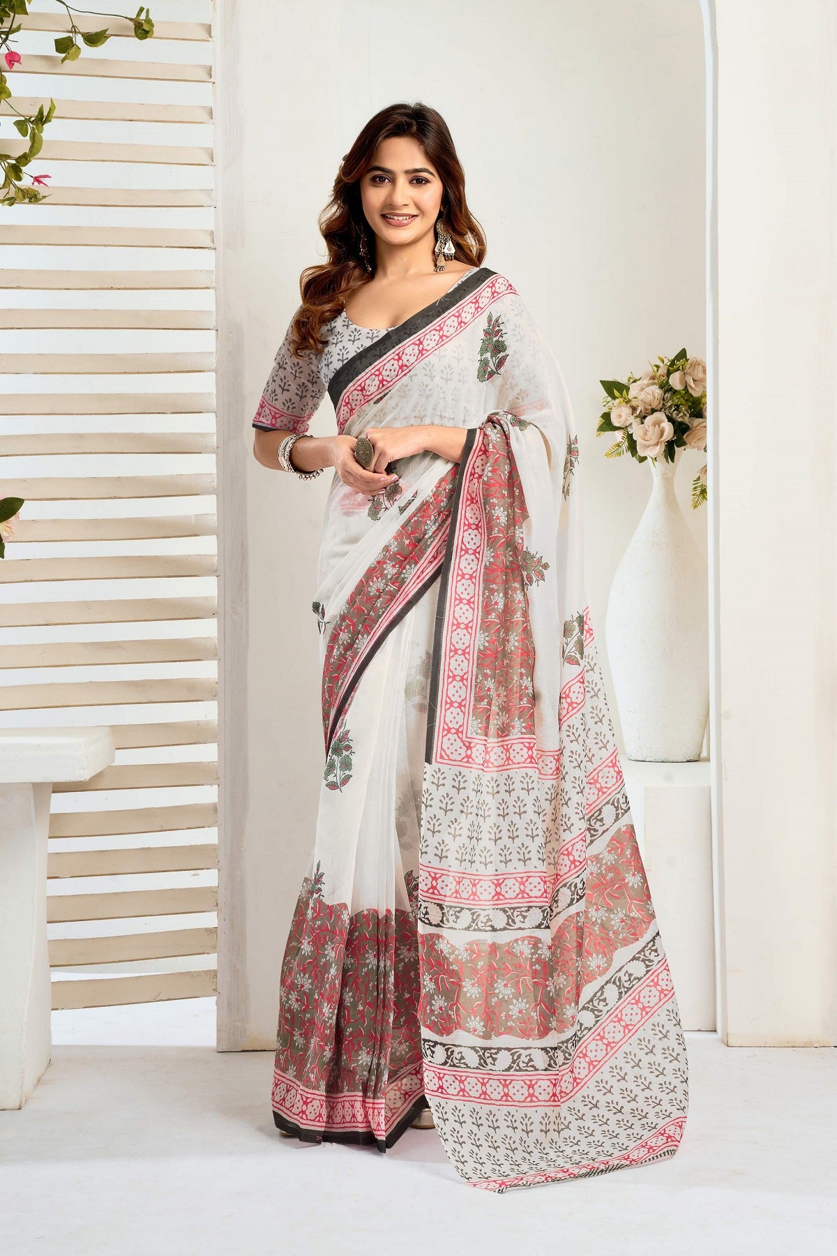 Dwija Fashion White Party Wear Printed Linen Ready To Wear Saree With Unstitched Blouse