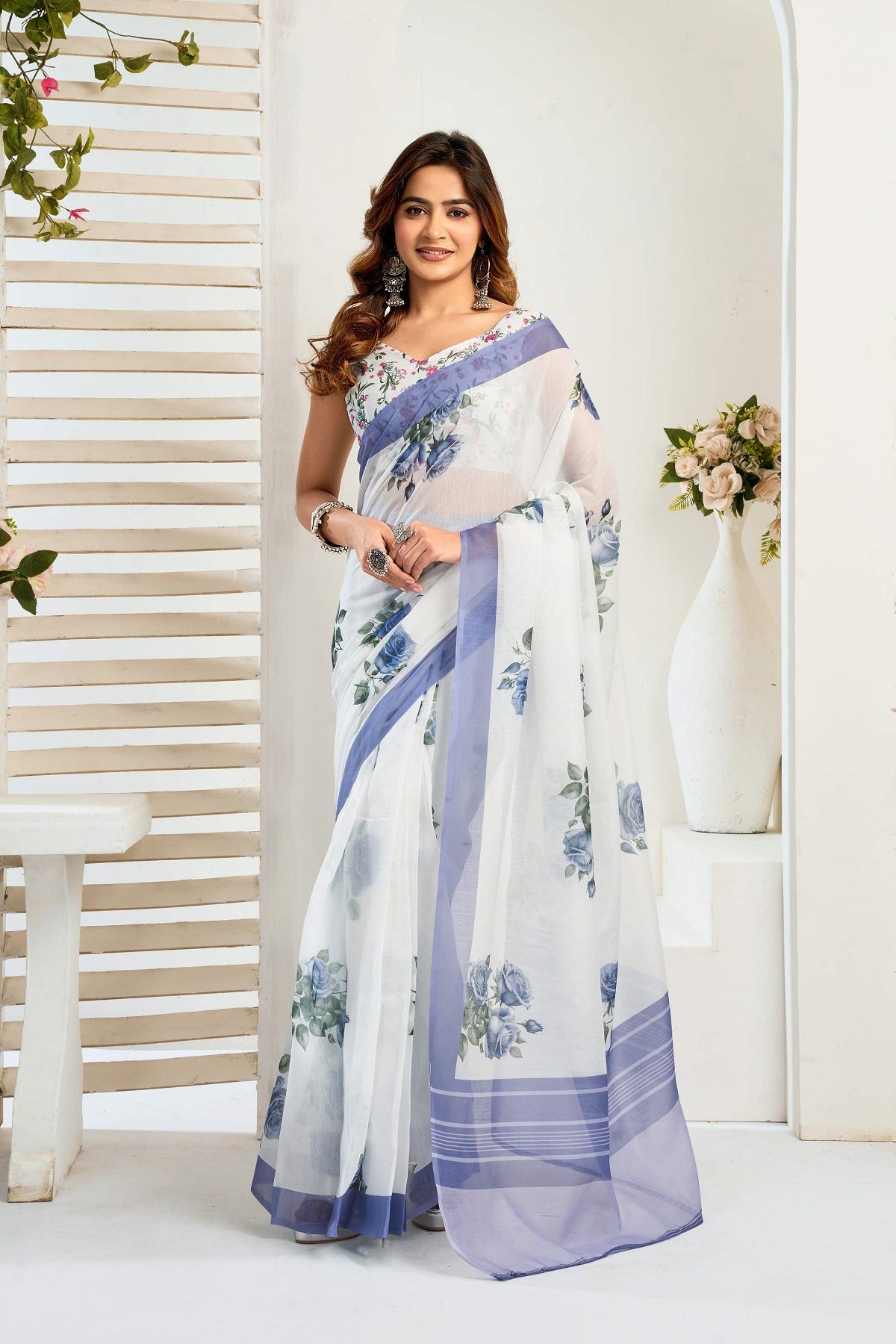 Dwija Fashion White Party Wear Printed Linen Ready To Wear Saree With Unstitched Blouse