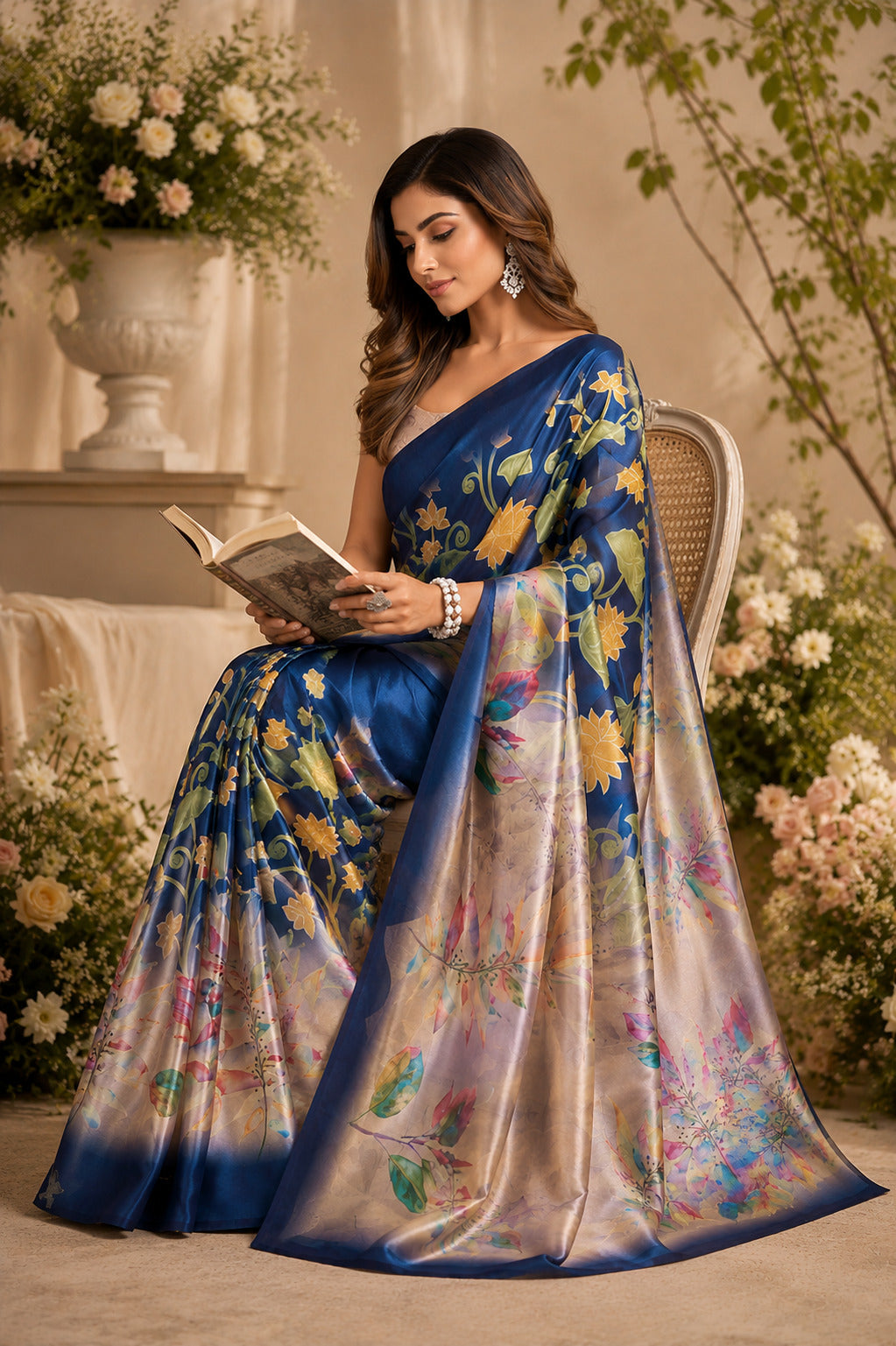 Dwija Fashion Navy Blue Party Wear Printed Linen Ready To Wear Saree With Unstitched Blouse