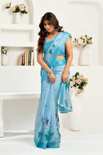 Thumbnail for Dwija Fashion Powder Blue Party Wear Printed Linen Ready To Wear Saree With Unstitched Blouse