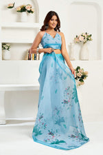 Thumbnail for Dwija Fashion Powder Blue Party Wear Printed Linen Ready To Wear Saree With Unstitched Blouse