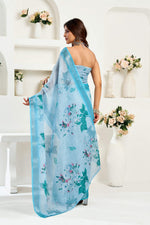 Thumbnail for Dwija Fashion Powder Blue Party Wear Printed Linen Ready To Wear Saree With Unstitched Blouse