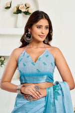 Thumbnail for Dwija Fashion Powder Blue Party Wear Printed Linen Ready To Wear Saree With Unstitched Blouse