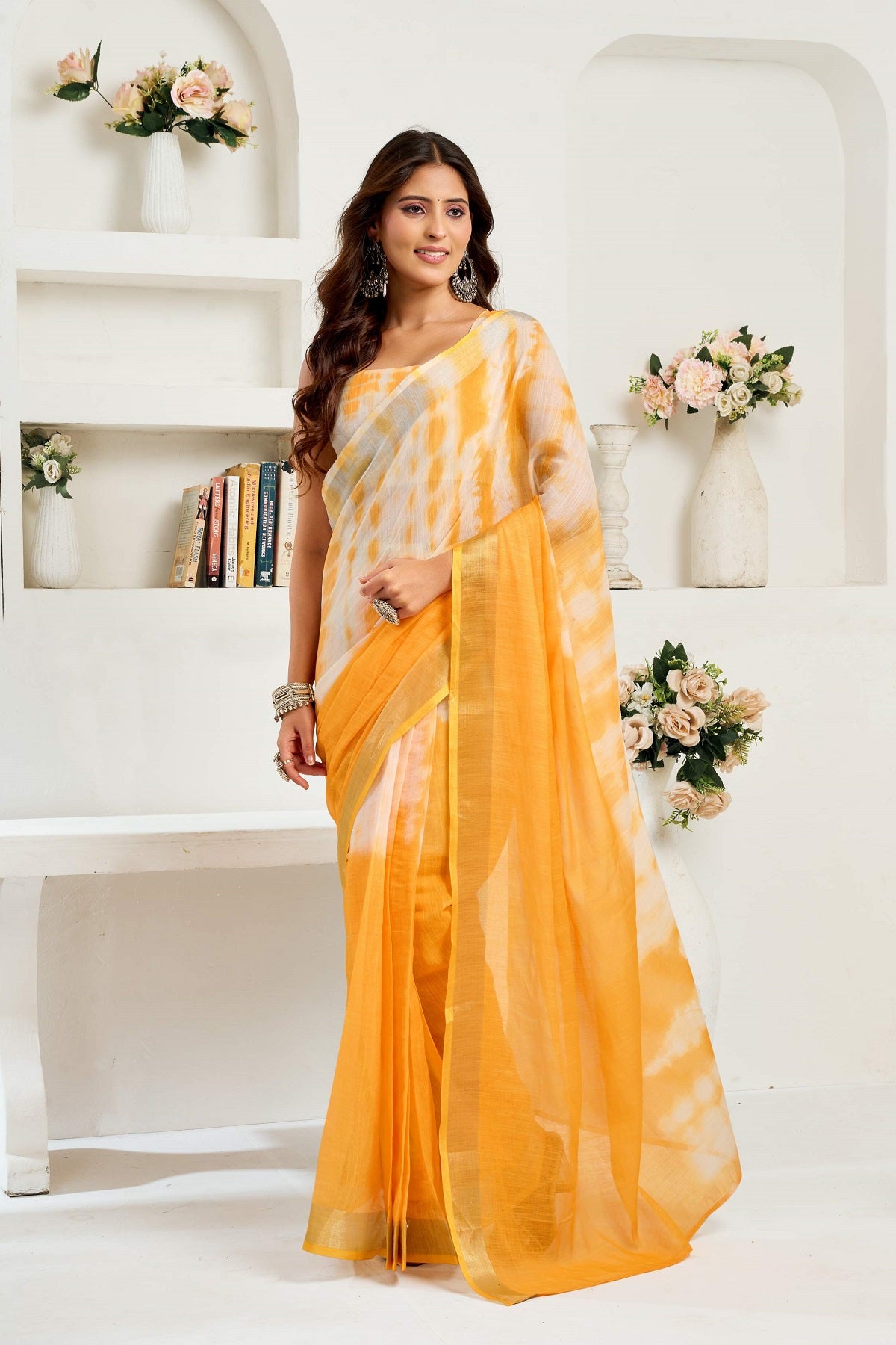 Dwija Fashion Yellow Party Wear Printed Linen Ready To Wear Saree With Unstitched Blouse - Dista