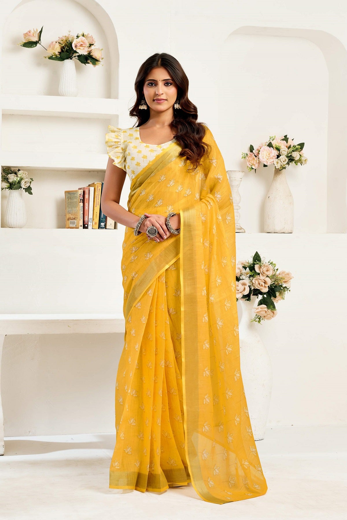 Dwija Fashion Yellow Party Wear Printed Linen Ready To Wear Saree With Unstitched Blouse