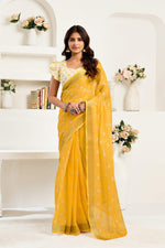 Thumbnail for Dwija Fashion Yellow Party Wear Printed Linen Ready To Wear Saree With Unstitched Blouse