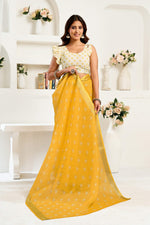 Thumbnail for Dwija Fashion Yellow Party Wear Printed Linen Ready To Wear Saree With Unstitched Blouse