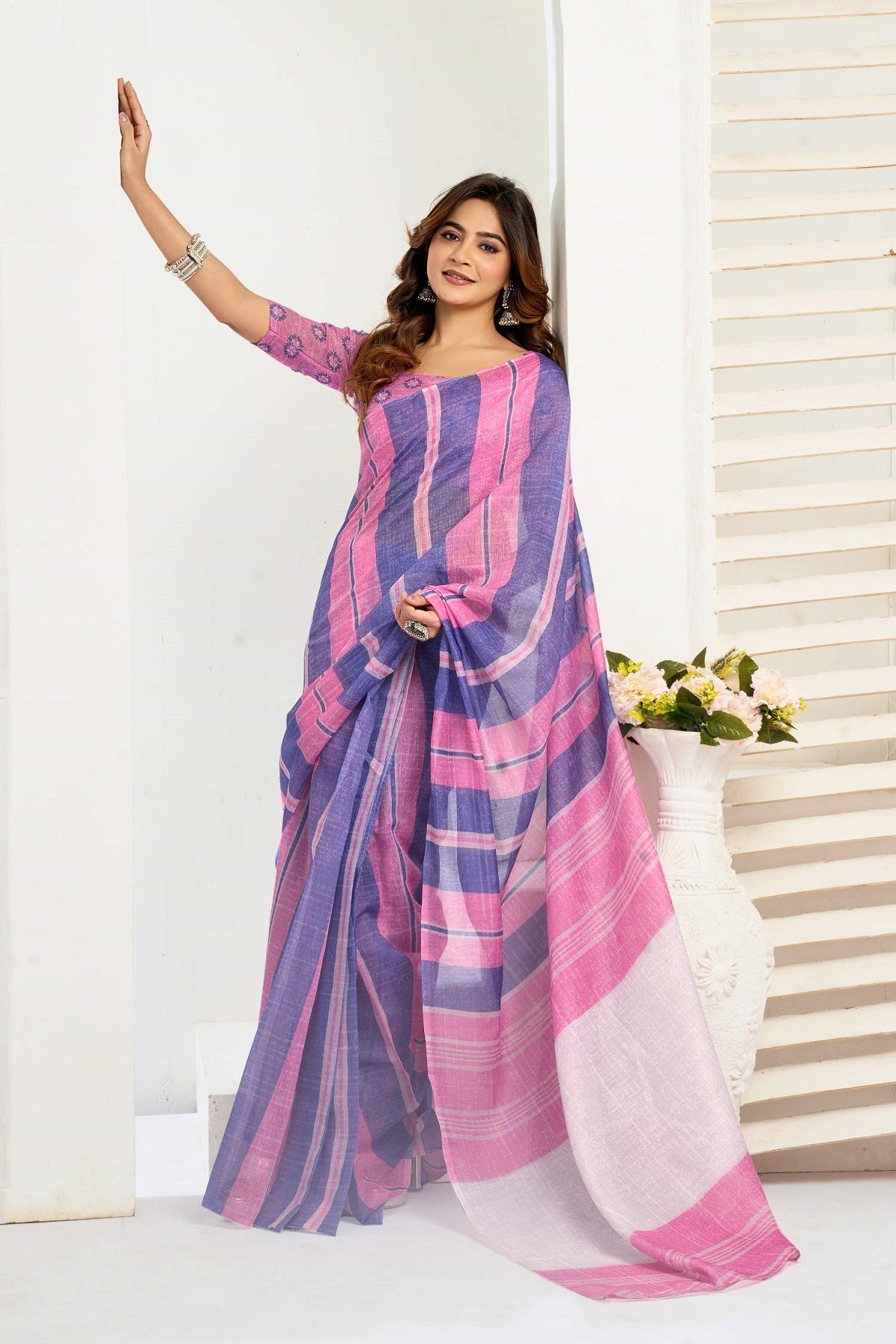 Dwija Fashion Pink Party Wear Printed Linen Ready To Wear Saree With Unstitched Blouse