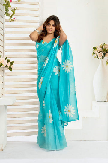 Dwija Fashion Turquoise Blue Party Wear Printed Linen Ready To Wear Saree With Unstitched Blouse - Dista