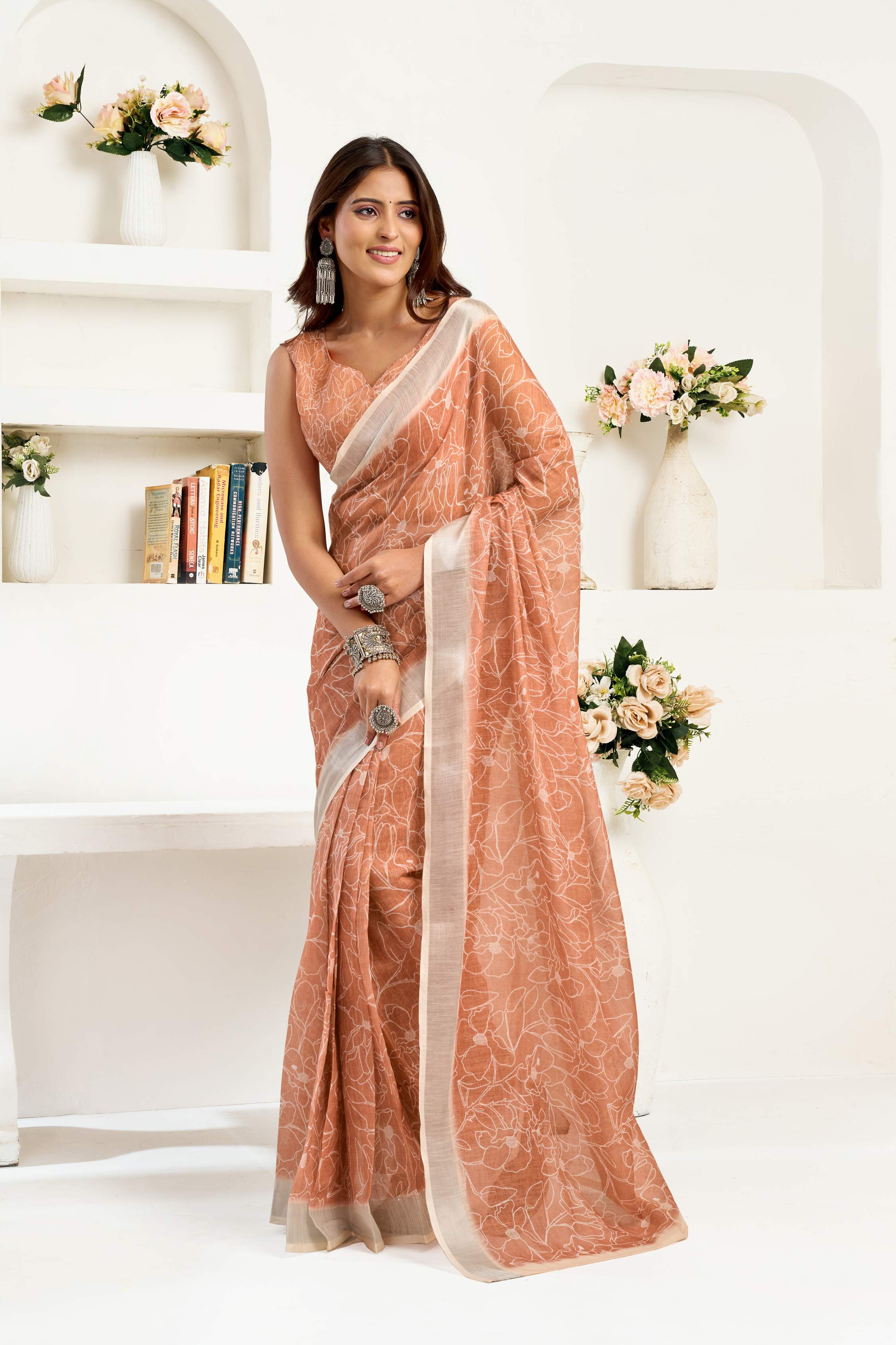 Dwija Fashion Beige Party Wear Printed Linen Ready To Wear Saree With Unstitched Blouse