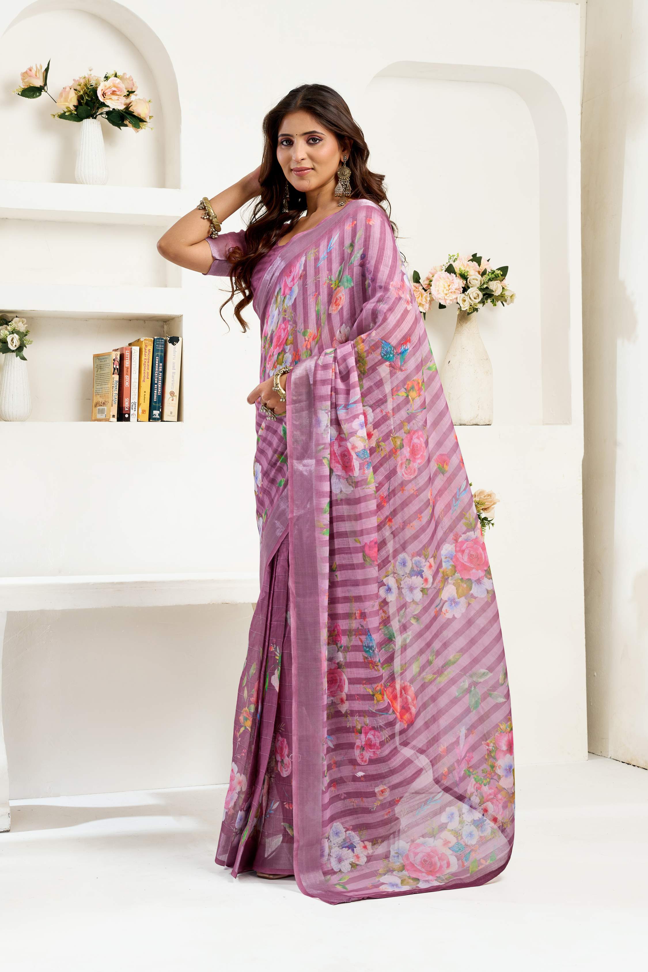 Dwija Fashion Purple Party Wear Printed Linen Ready To Wear Saree With Unstitched Blouse