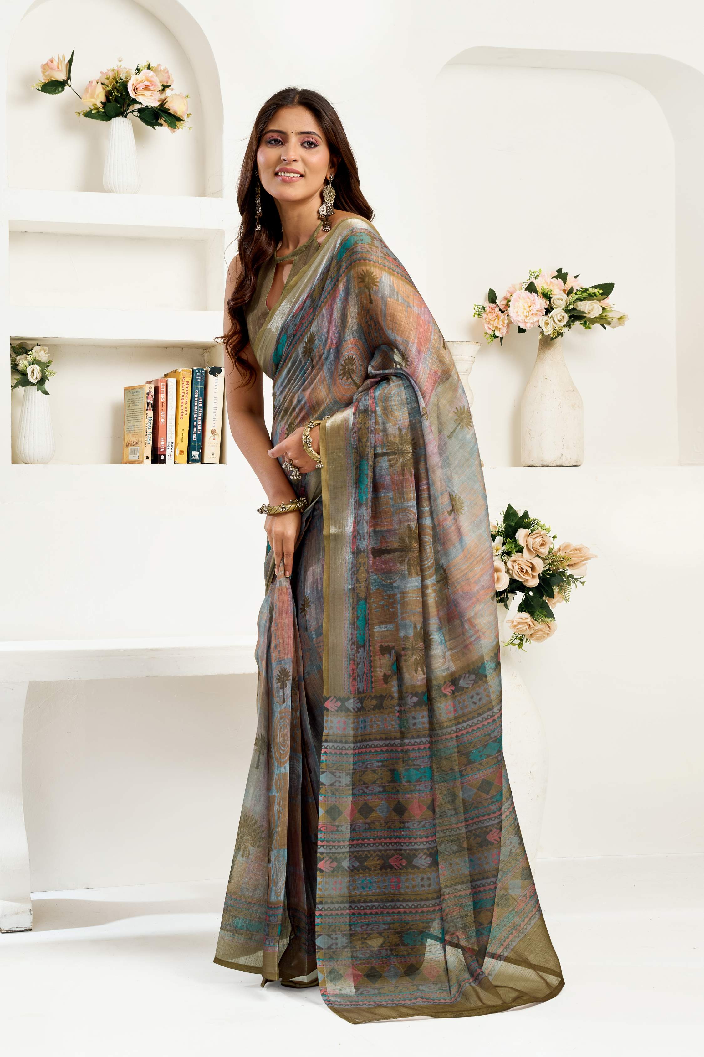 Dwija Fashion Sage Green Party Wear Printed Linen Ready To Wear Saree With Unstitched Blouse - Dista