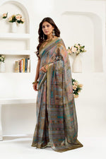 Thumbnail for Dwija Fashion Sage Green Party Wear Printed Linen Ready To Wear Saree With Unstitched Blouse