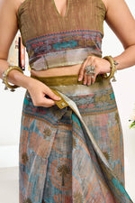 Thumbnail for Dwija Fashion Sage Green Party Wear Printed Linen Ready To Wear Saree With Unstitched Blouse