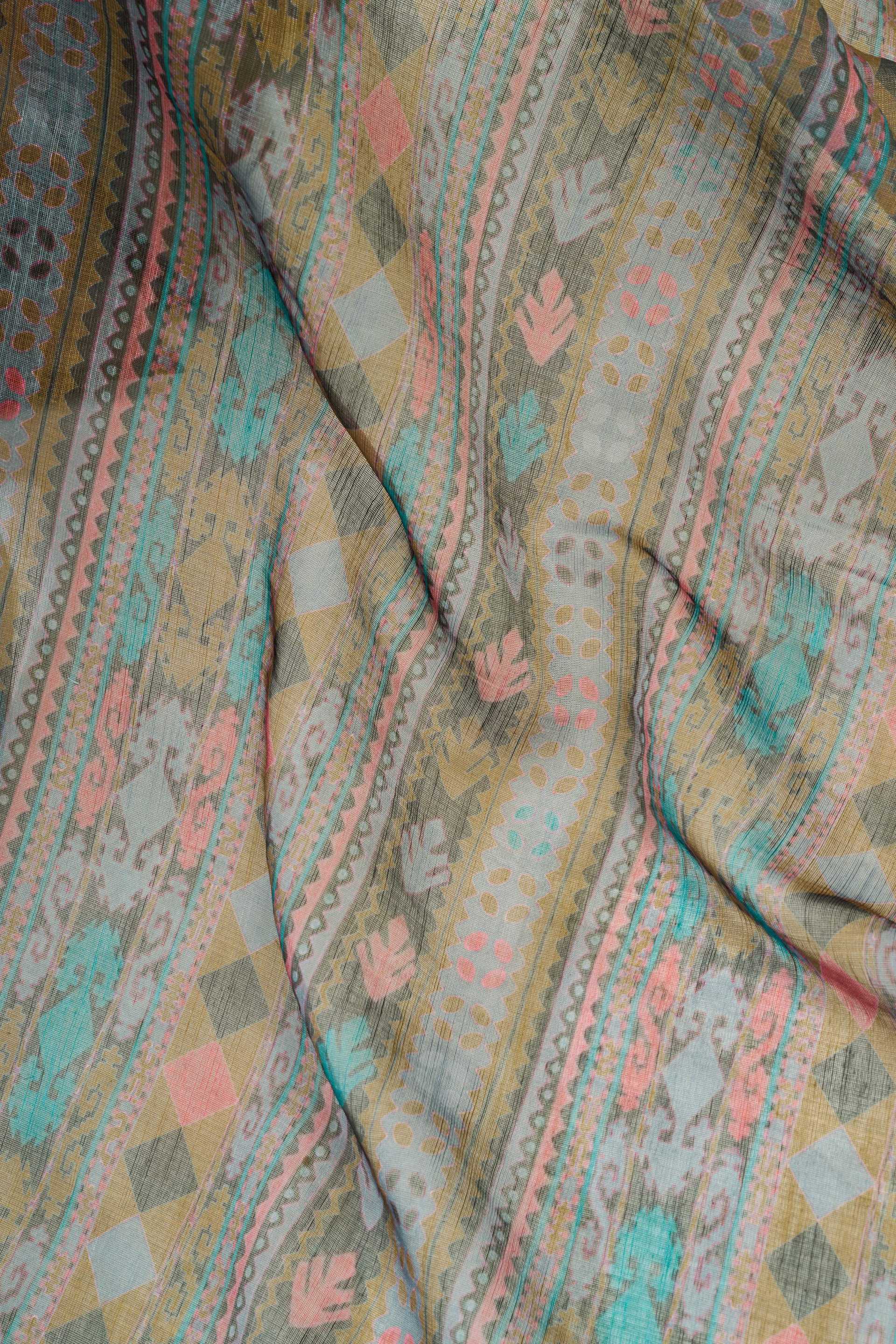 Dwija Fashion Sage Green Party Wear Printed Linen Ready To Wear Saree With Unstitched Blouse