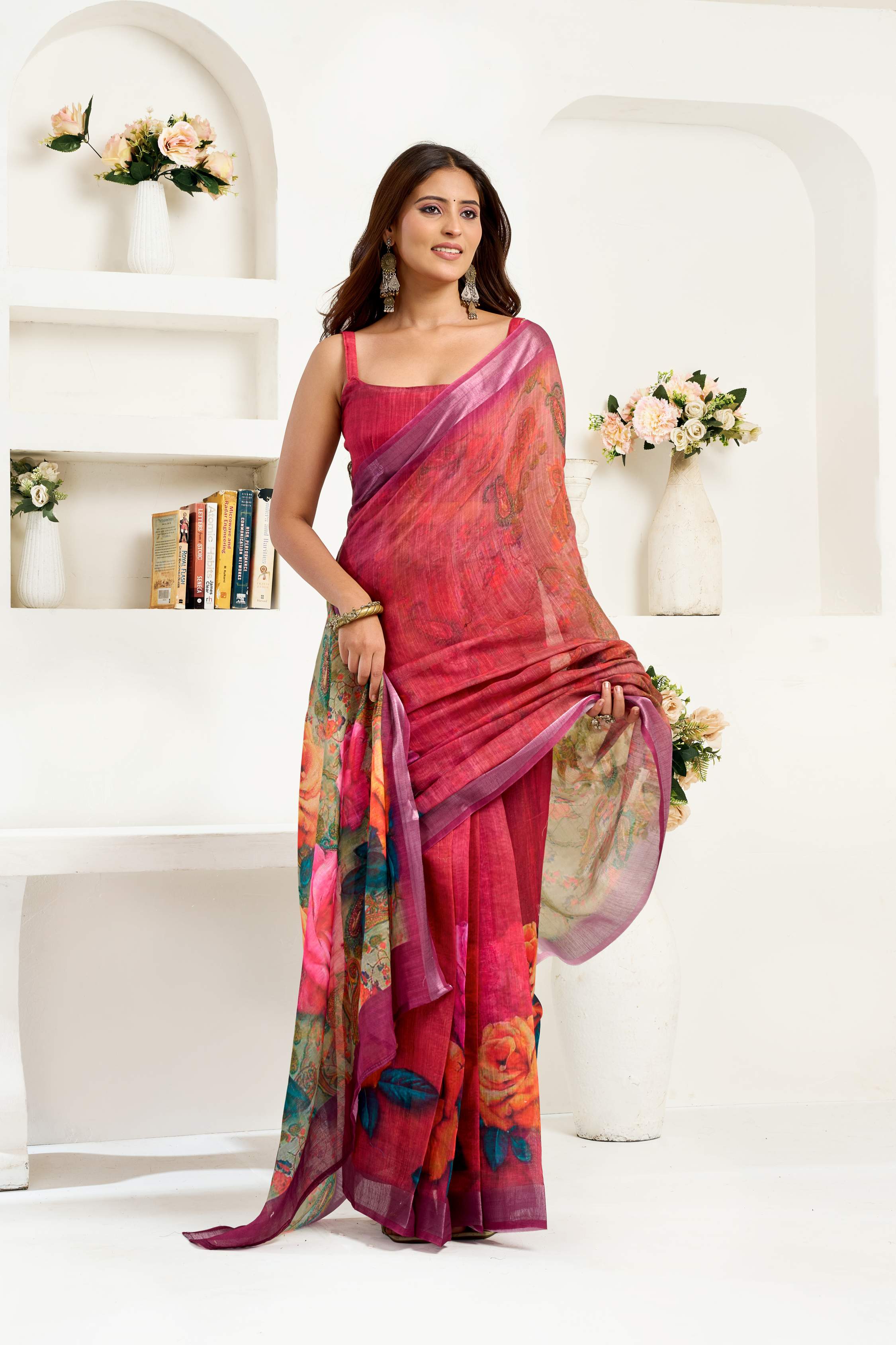 Dwija Fashion Maroon Party Wear Printed Linen Ready To Wear Saree With Unstitched Blouse