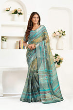 Thumbnail for Dwija Fashion Sage Green Party Wear Printed Linen Ready To Wear Saree With Unstitched Blouse