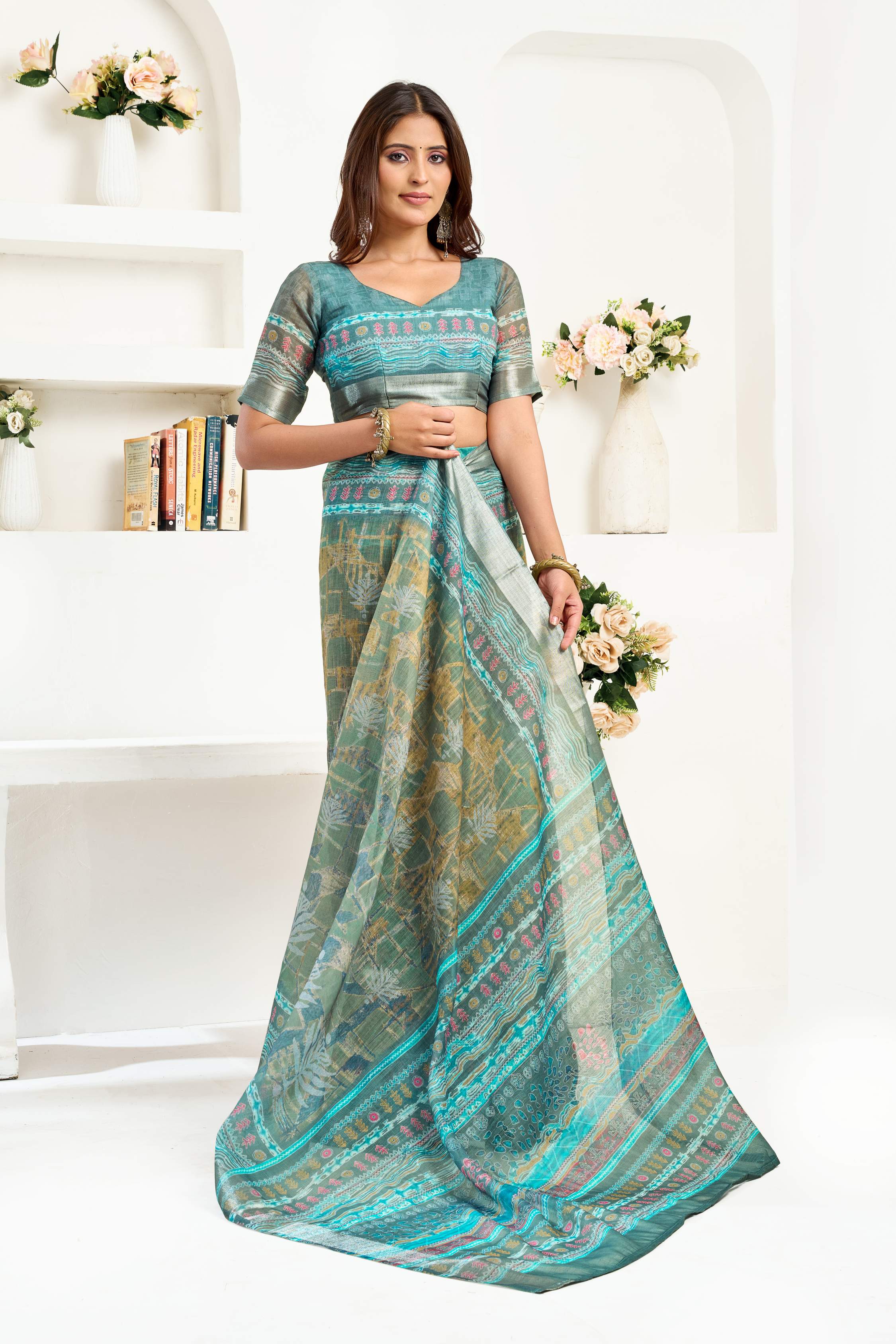 Dwija Fashion Sage Green Party Wear Printed Linen Ready To Wear Saree With Unstitched Blouse
