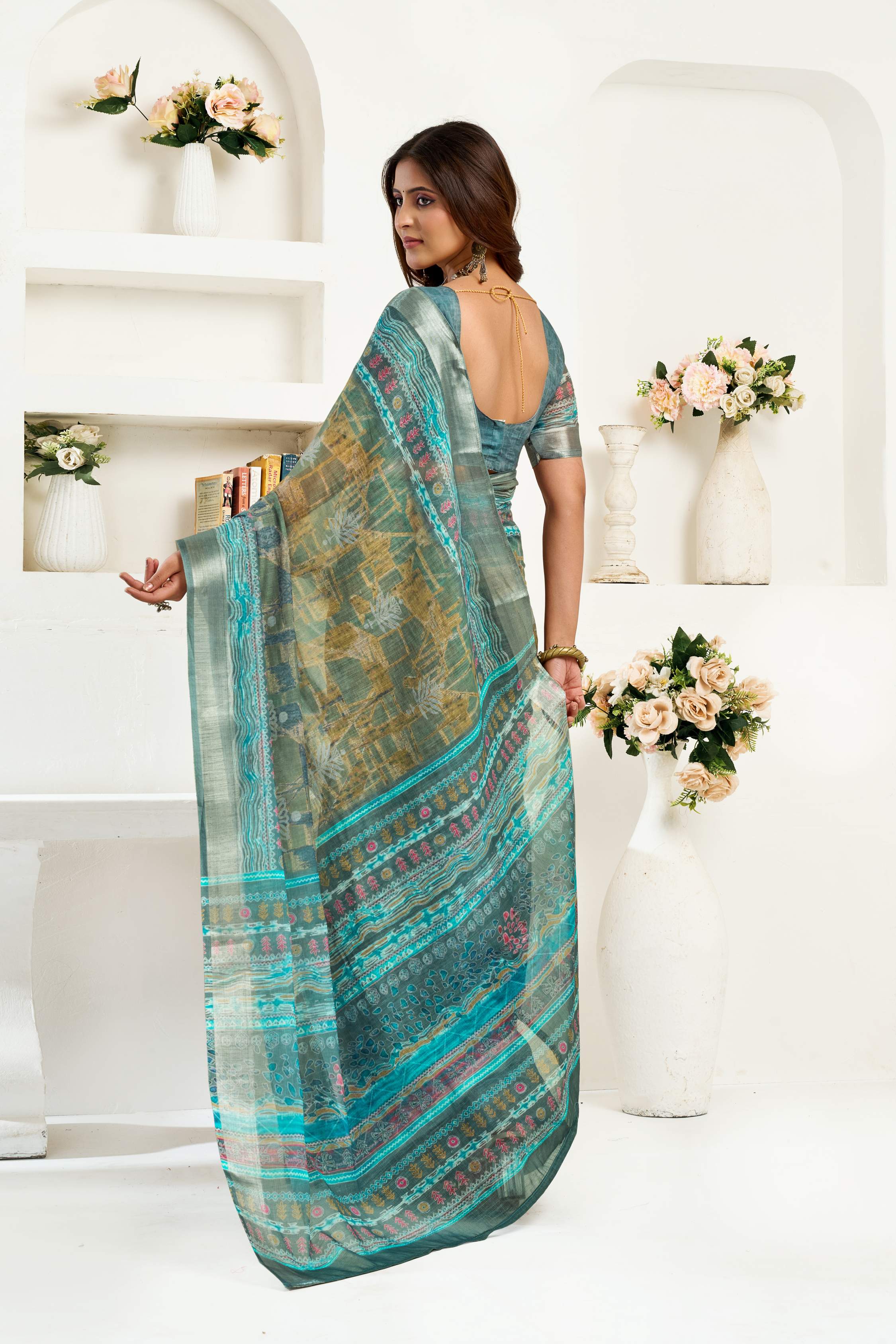 Dwija Fashion Sage Green Party Wear Printed Linen Ready To Wear Saree With Unstitched Blouse