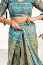 Thumbnail for Dwija Fashion Sage Green Party Wear Printed Linen Ready To Wear Saree With Unstitched Blouse