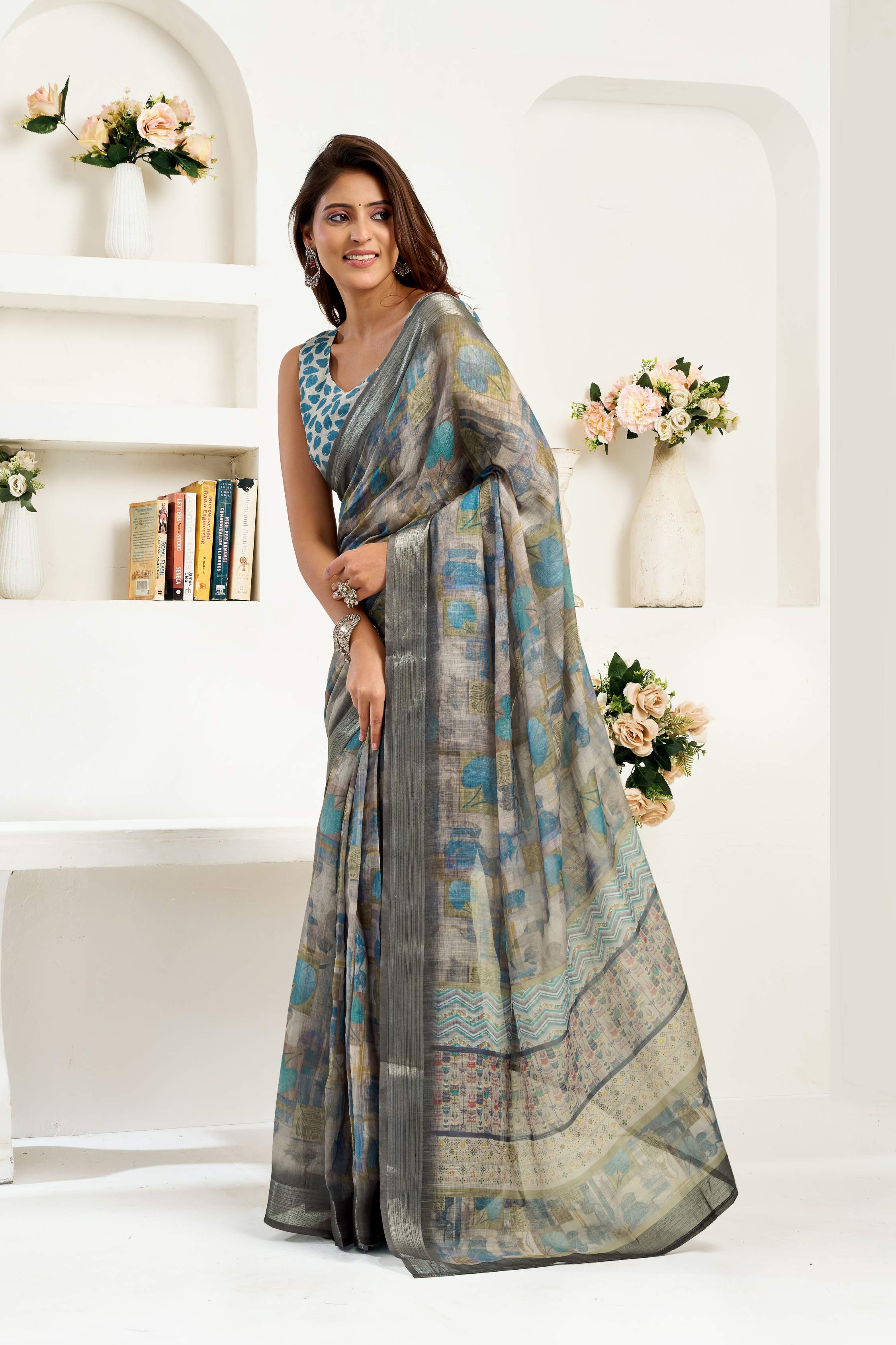 Dwija Fashion Grey Party Wear Printed Linen Ready To Wear Saree With Unstitched Blouse