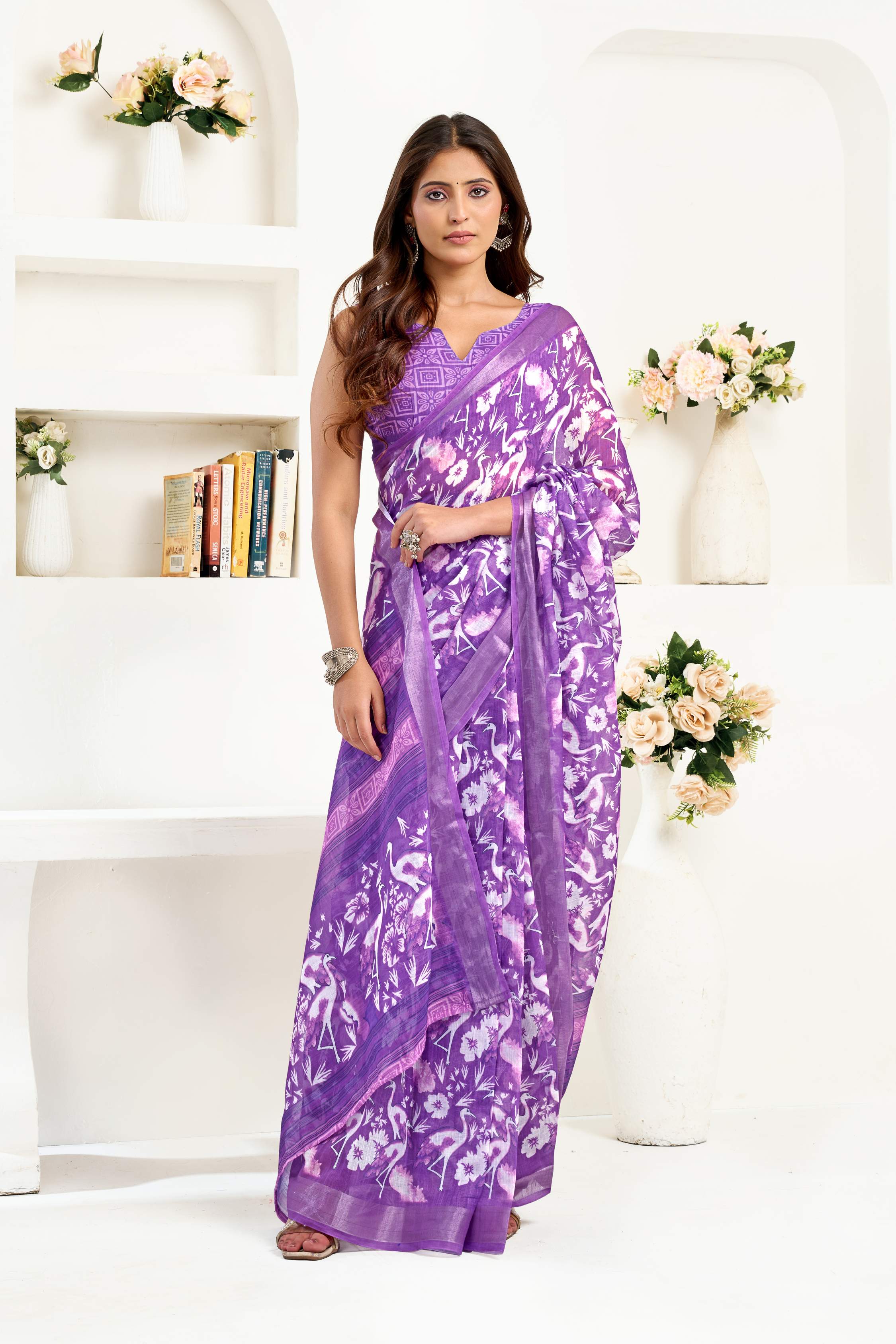 Dwija Fashion Lavender Party Wear Printed Linen Ready To Wear Saree With Unstitched Blouse