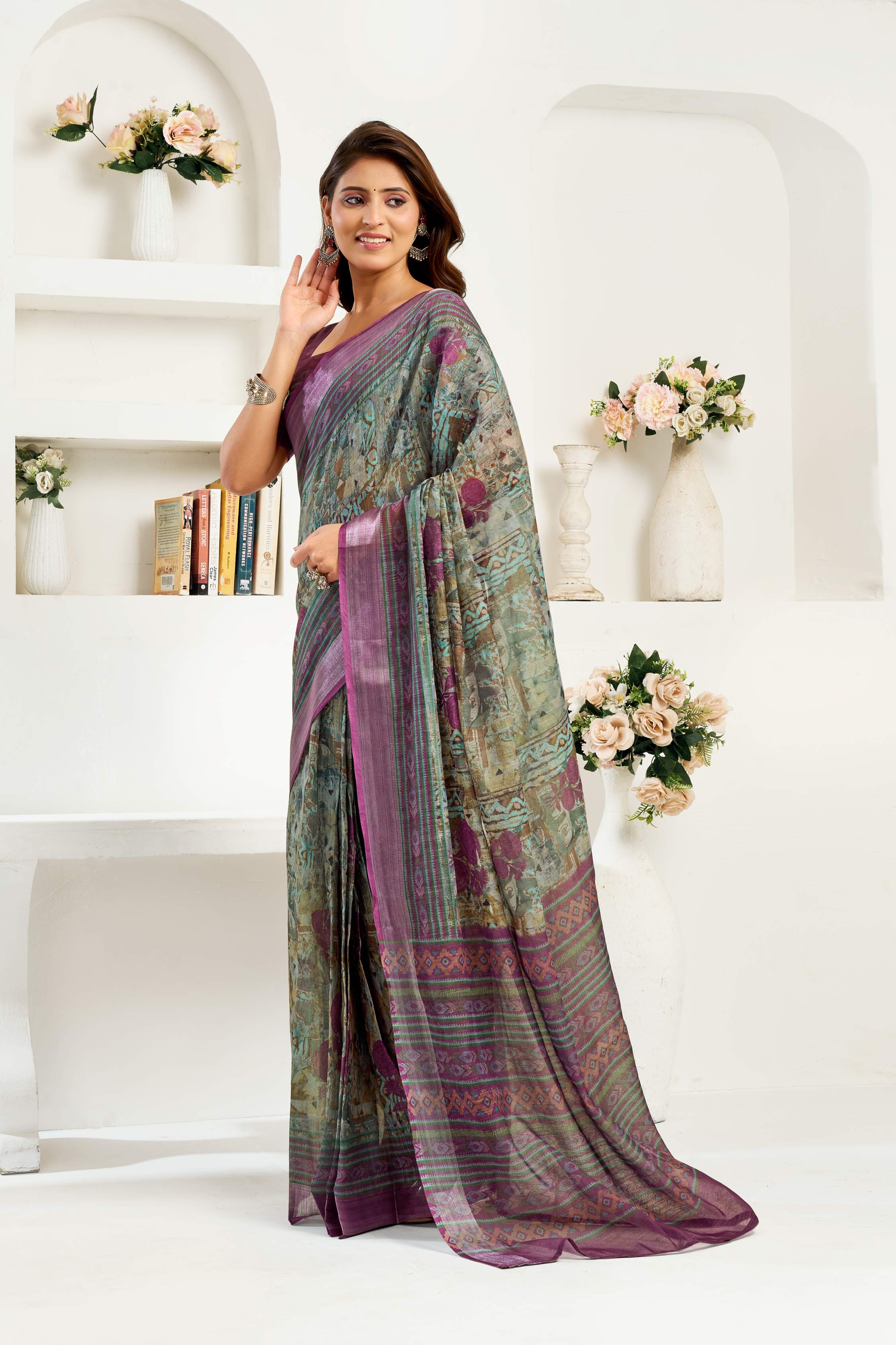 Dwija Fashion Sage Green Party Wear Printed Linen Ready To Wear Saree With Unstitched Blouse