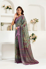 Thumbnail for Dwija Fashion Sage Green Party Wear Printed Linen Ready To Wear Saree With Unstitched Blouse
