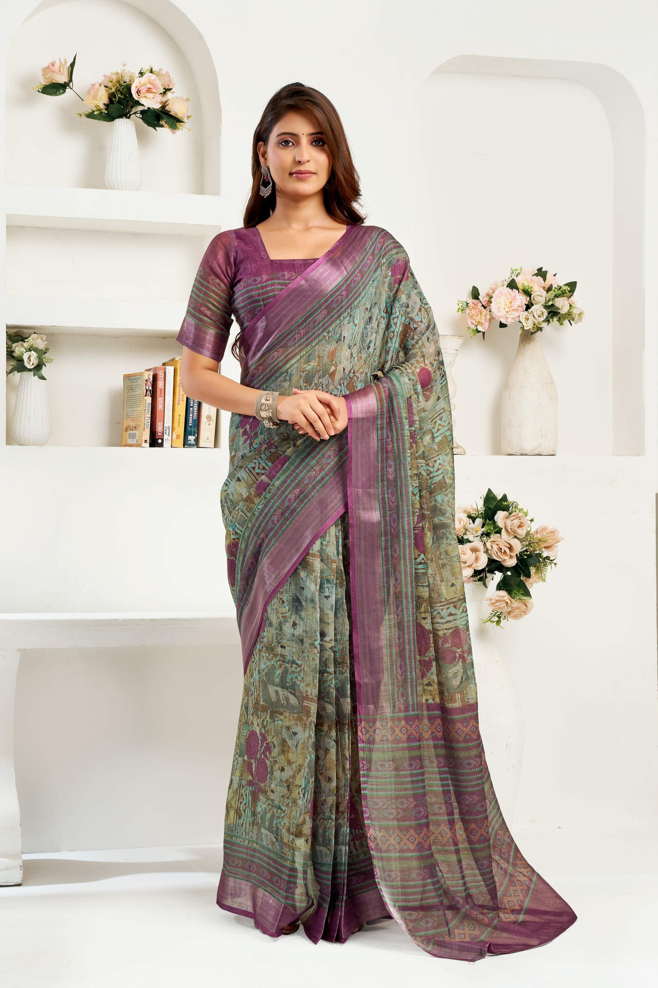 Dwija Fashion Sage Green Party Wear Printed Linen Ready To Wear Saree With Unstitched Blouse