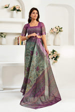 Thumbnail for Dwija Fashion Sage Green Party Wear Printed Linen Ready To Wear Saree With Unstitched Blouse