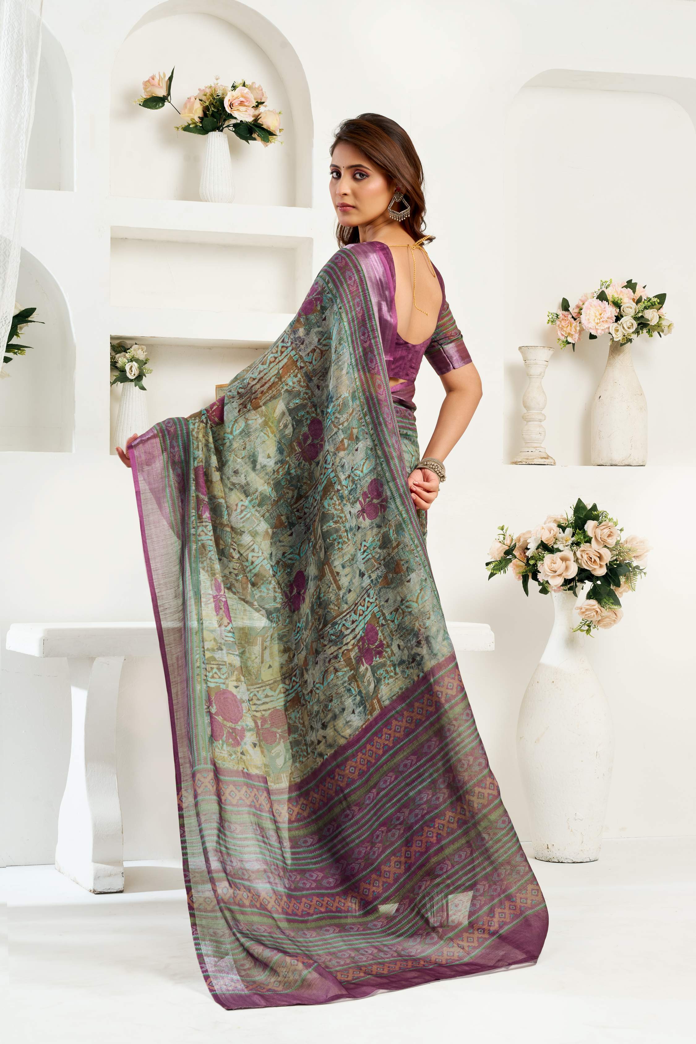 Dwija Fashion Sage Green Party Wear Printed Linen Ready To Wear Saree With Unstitched Blouse