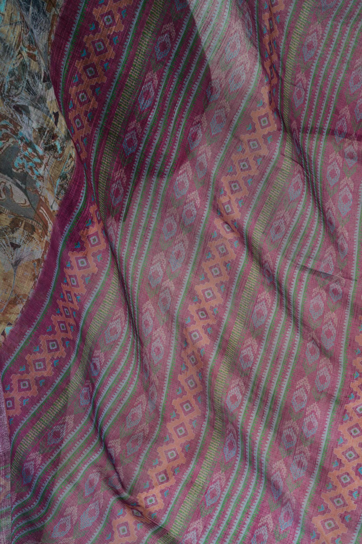 Dwija Fashion Sage Green Party Wear Printed Linen Ready To Wear Saree With Unstitched Blouse
