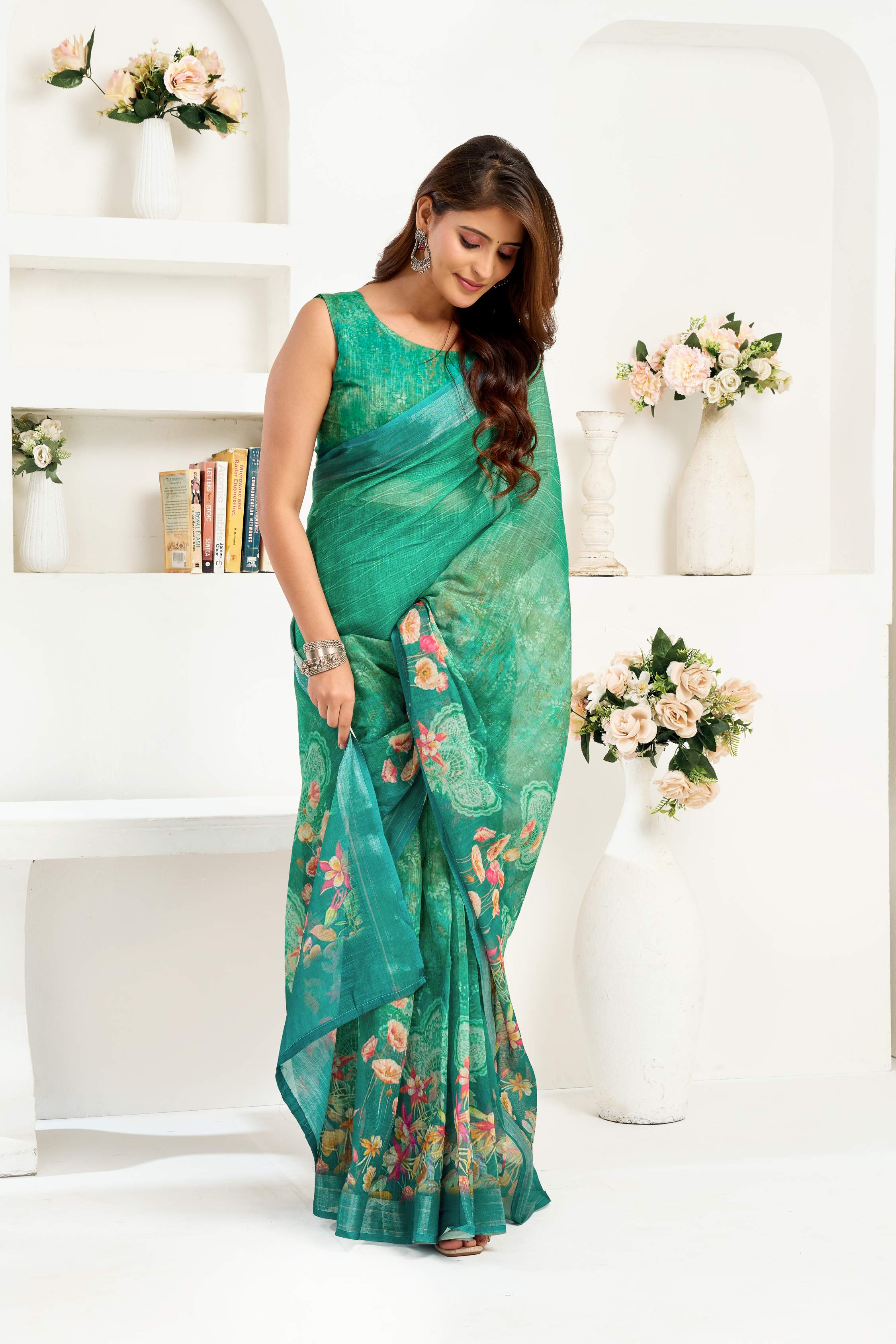 Dwija Fashion Green Party Wear Printed Linen Ready To Wear Saree With Unstitched Blouse