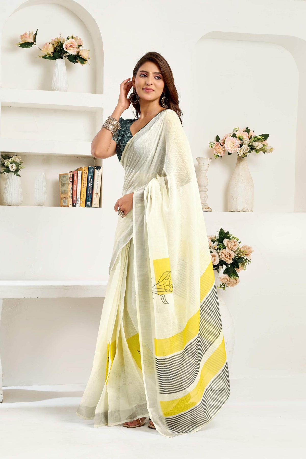 Dwija Fashion White Party Wear Printed Linen Ready To Wear Saree With Unstitched Blouse