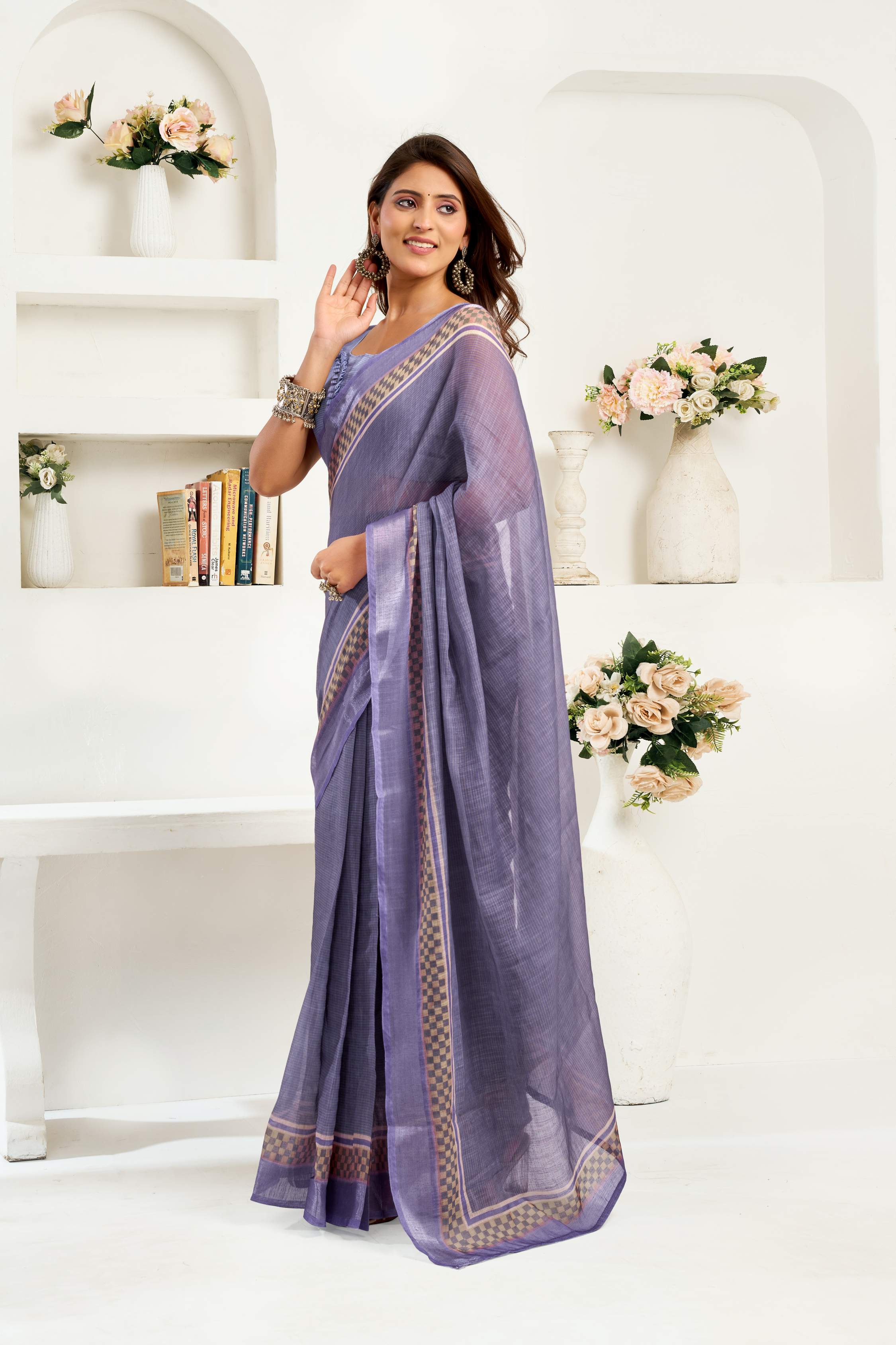 Dwija Fashion Navy Blue Party Wear Printed Linen Ready To Wear Saree With Unstitched Blouse