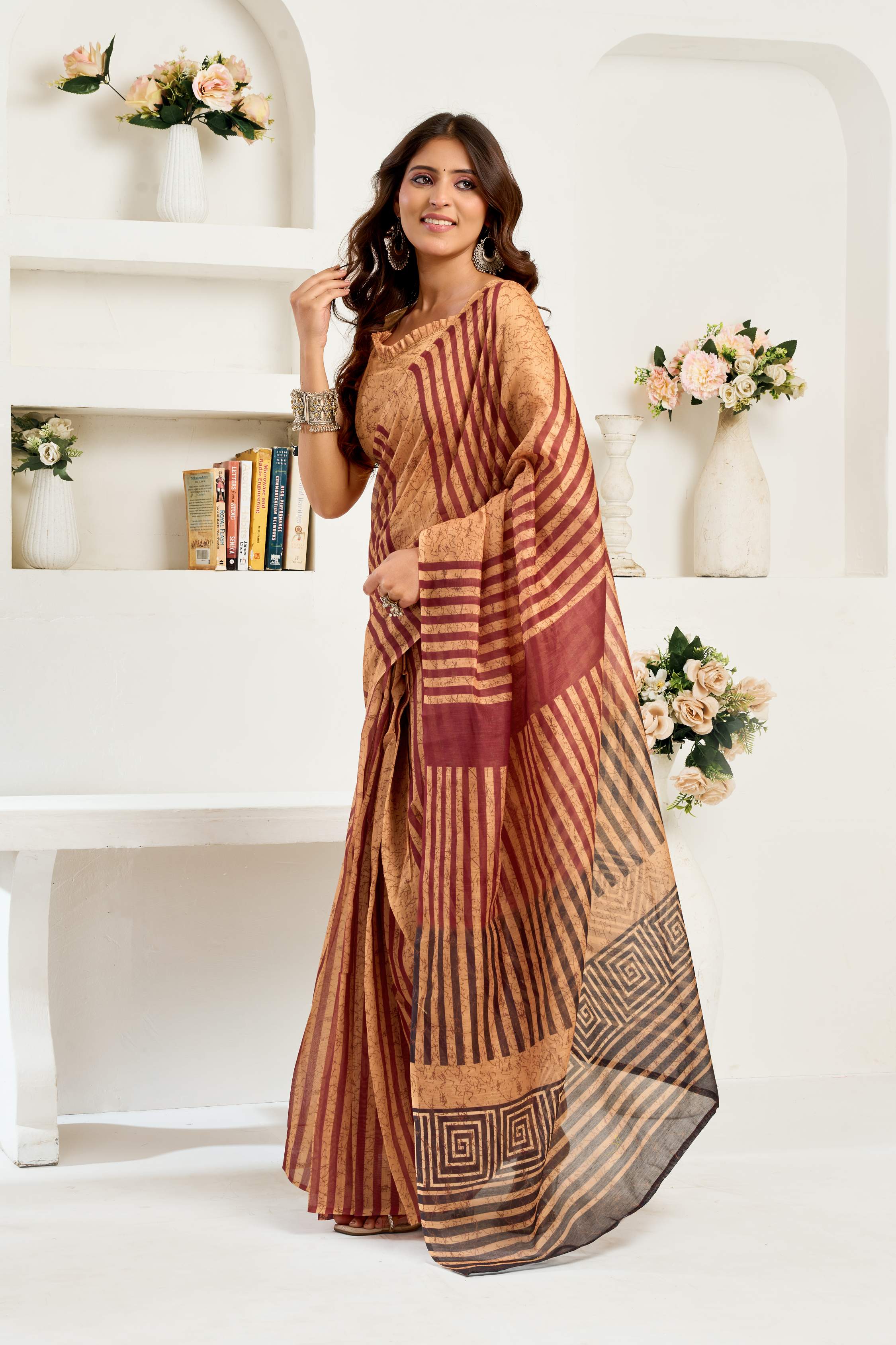Dwija Fashion Coffee Brown Party Wear Printed Linen Ready To Wear Saree With Unstitched Blouse