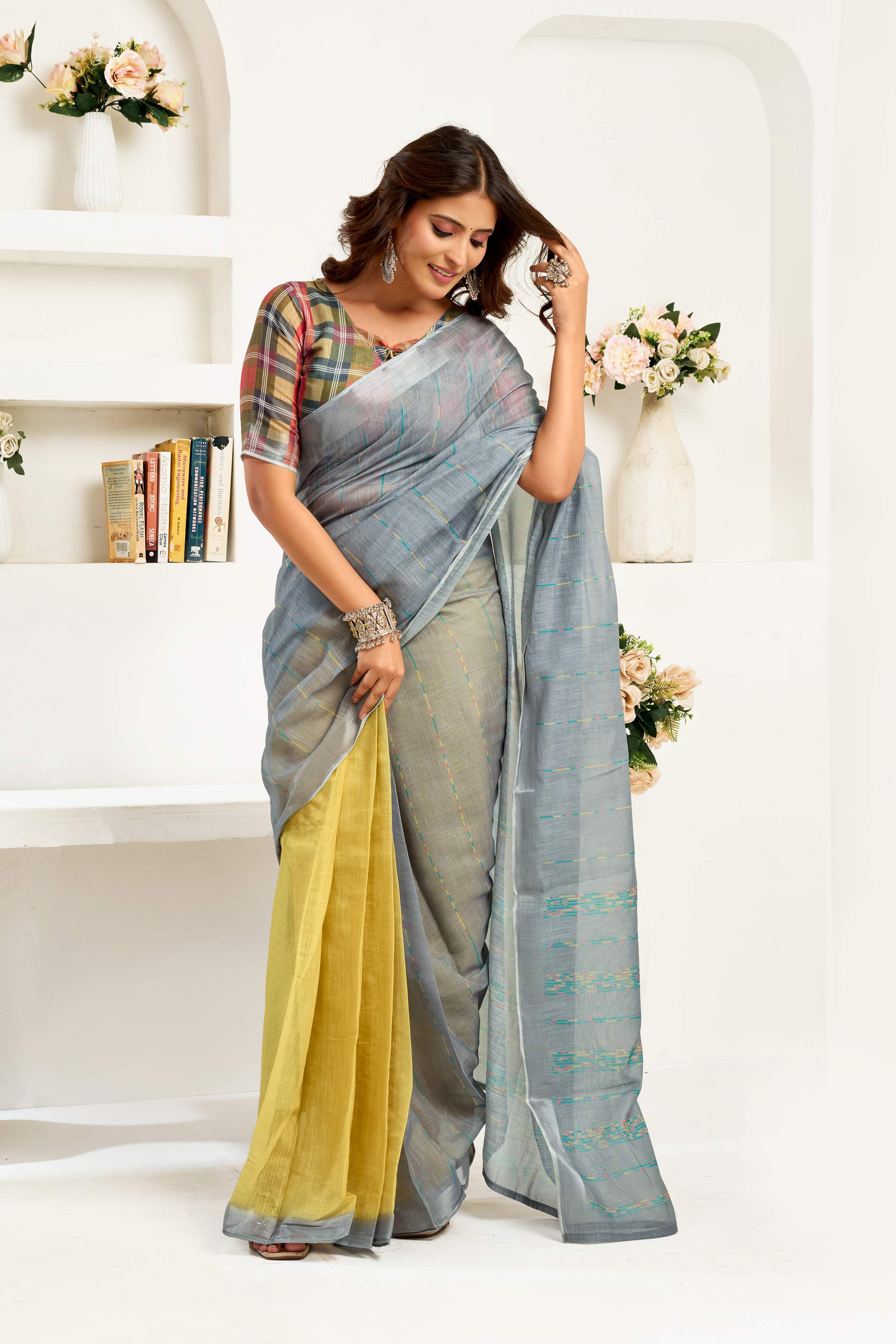 Dwija Fashion Grey Party Wear Printed Linen Ready To Wear Saree With Unstitched Blouse